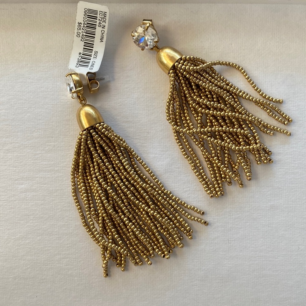 J. Crew Gold Beaded Tassel Drop Earrings with Crystal Stud